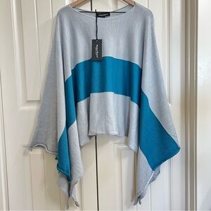 Adele Fado Womens Italian Wool Poncho in Gray & Turquoise, One Size NWT